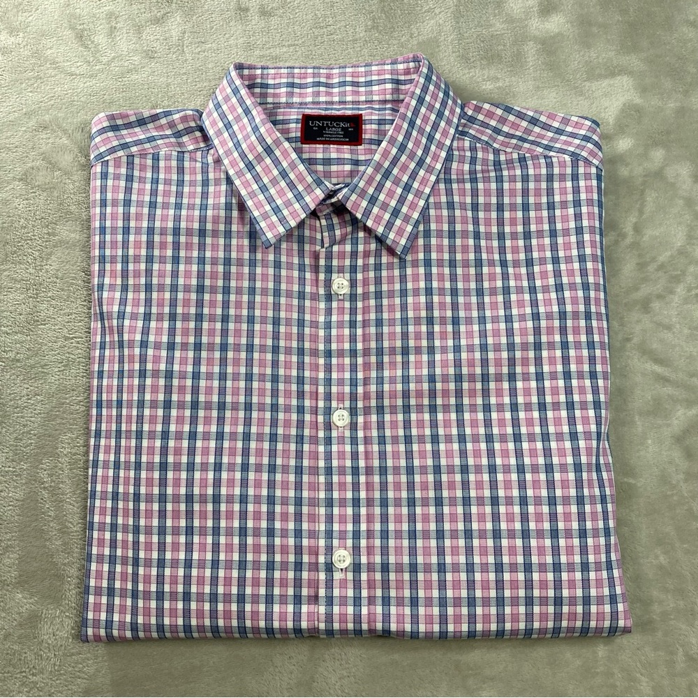 Untuckit Dolcetto WF Pink Blue Plaid Checkered Easter Button Shirt Men's Sz L